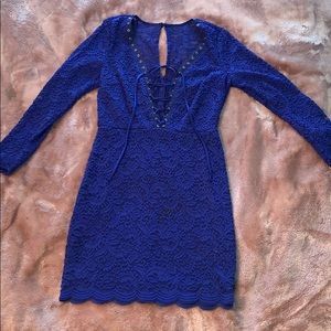 Royal blue lace up long sleeve formal dress